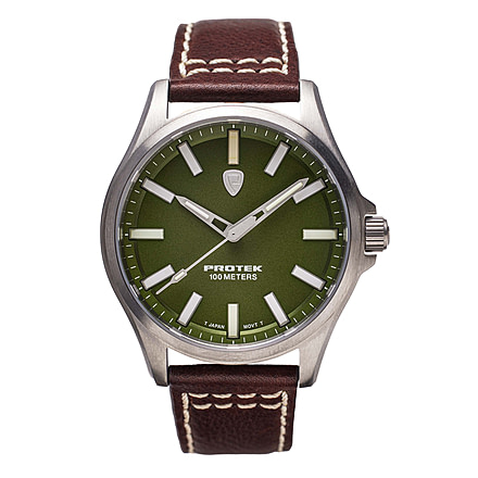 ProTek Titanium Field Watch, Titanium Case/Green Dial/Dark Brown Strap, One Size, PT3005