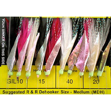 R&R Tackle Sabiki Goggle Eye Rig 10 Hook, #15 SS Hook S 40lb, 20lb, White/Black/Pink Feather with Flash Skin/Glow, 15, 10 Pack, GIL-10