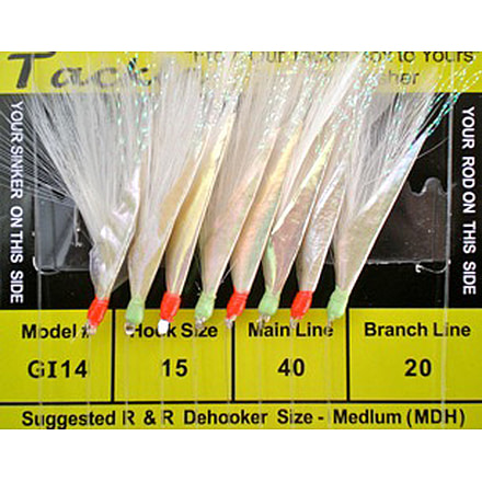 R&amp;R Tackle Sabiki Goggle Eye Rig 8 Hook, #15 SS Hook, White Feathers with Flash Skin/Gl Bds, ALTERNATING, 15, 8 Pack, GI-14