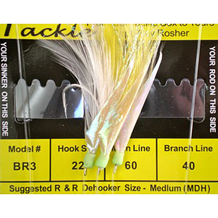 R&amp;R Tackle Sabiki Heavy Blue Runner Rig 3 Hook, Size #22 SS Hook S 40lb, 20lb, 2White/1Yellow Feather/Green Gl Heads, 22, 3 Pack, BR-3