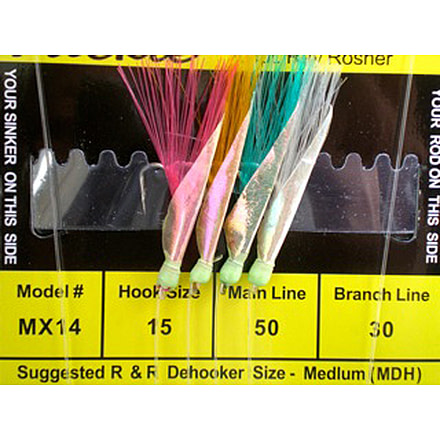 R&amp;R Tackle Sabiki Rig 4 Hooks, Size #15 SS Hook, 50lb, 30lb, White/Green/Yell/Pink with Fish Skin Green Head, 15, 4 Pack, MX-14