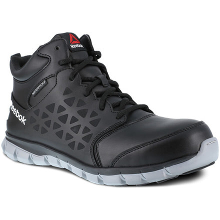 Reebok Sublite Cushion Athletic Mid Cut, Alloy Toe Work Shoe - Mens, Medium, Waterproof, Black/Grey, 4, 690774498860