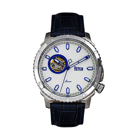 Reign Bauer Automatic Semi-Skeleton Leather-Band Watch, Silver/Blue, One Size, REIRN6003