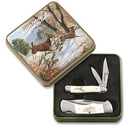Remington Hardwoods Haven Nostalgic Collector Tin Gift Knife Set, Stainless Steel Blades, 15693