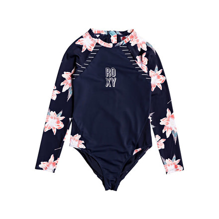 Roxy Shore Long Sleeve Onesie Swimwear - Girl's, Mood Indigo F Tandem, 8/Small, ERGWR03142-BSP8-8/S