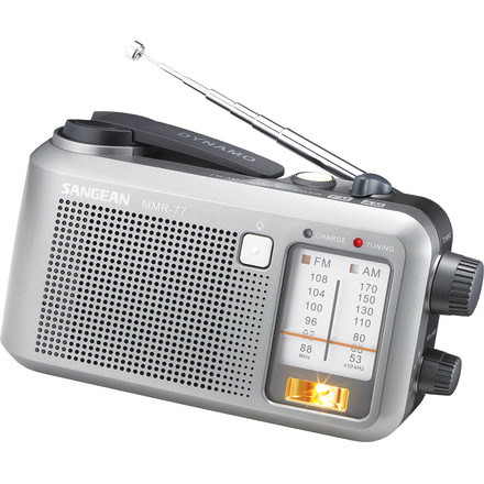 Sangean AM/FM Multi-Powered, Battery/AC/Crank Rechargeable Water-Resistant, Silver MMR-77