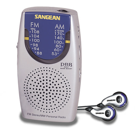 Sangean AM/FM Stereo, Speaker + Earbuds, Analog Tuning Pocket Radio, Silver/ blue SR-3