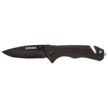 Schrade SCH704CP w/Cutter Blk Folding Knives, 3.25 in, 9Cr18MoV Stainless Steel, Drop Point, Black, Aluminum, Rubber, 1084288