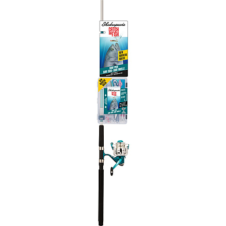 Shakespeare Catch More Fish Surf Pier 8 Ft Spinning, 5.1/1, Right/Left, 50, 8ft. Rod Length, Medium Power, 2 Pieces Rod, White/Teal, CMF2SURFPIER8FT