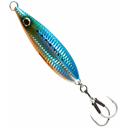 Shimano Butterfly Flat-Fall Jig, 80g Mid-Column, 2 3/0 Assist Hooks, Sinking, Blue/Sardine, 85mm, BFLFF080BS