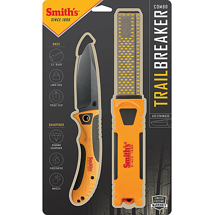 Smith's Sharpeners Trail Breaker Linerlock Combo, 4.5in Closed, 3.5in Black 420 SS Blade, Gray And Yellow Tpe Handle, Pocket Clip, Thumb Stud, Gray and yellow, 51013
