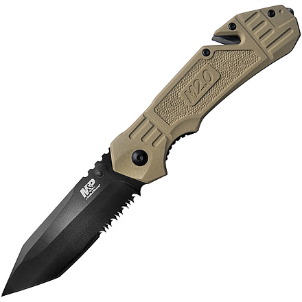 Smith &amp; Wesson M&amp;P Linerlock A/O Folding Knife, 4.63in Closed, 3.25in Black Partially Serrated SS Tanto Blade, Tan Rubberized Aluminum Handle, Belt/Cord Cutter, Pocket Clip, Tan, 1100076