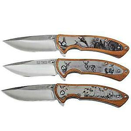 Smith &amp; Wesson Ot Wood w/Etch 3-pack Folding Knives, 3.25 in, 3Cr13MoV Steel, Drop Point, Multi, Brown Wood, 1085946