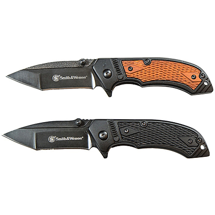 Smith &amp; Wesson SW Pistol Grip Combo Pack Folding Knives, 3 in, Stainless Steel, Tanto, Black/Wood, Aluminum, 1085962