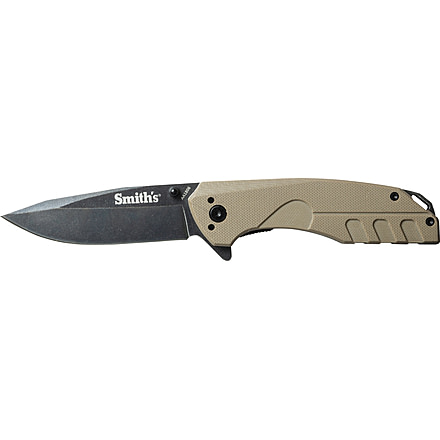 Smiths BattlePlan Folding Knife, 3.35in, 420 Stainless Steel, Black Stonewash, Drop Point Blade, G10 Handle, Desert Tan, SP-50995