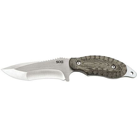 SOG Specialty Knives &amp; Tools Kiku 4 Inch Dual Direction Satin Fixed Blade Knife w/ Micarta Handle and Kydex Sheath, Silver, KU-2022