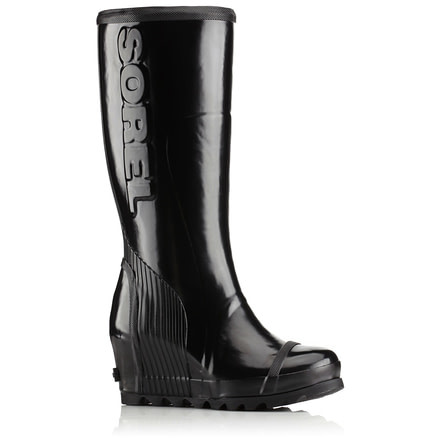 Sorel Joan Rain Wedge Tall Gloss Rubber Boot, Womens, Black/Sea Salt, 6.5 US, 1757591010-6.5