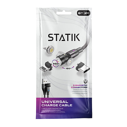 Statik Statik 360 Universal Charge Cable w/ 3 Rotating Magnetic Connectors, 6ft/2M, Black, PUP-0386