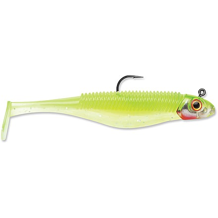 Storm 360GT Searchbait Shad, Sinking, 3-1/2", 1/4oz, #2/0 Hk, 1 Rigged Two Bodies, Chartreuse Ice, SBD35CI-14J