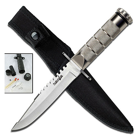 Survivor Fixed Blade Knives w/Compass and Survival Kit, 4.75 in, 3Cr13 Stainless Steel Stainless Steel, Bowie, Silver, HK-690S