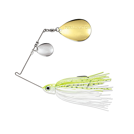 Terminator Pro Series Spinnerbait, Colorado/Colorado Blades, Nickel/Gold Blade Finish, Chartreuse and White Shad, 3/8oz, PSS38CC02NG