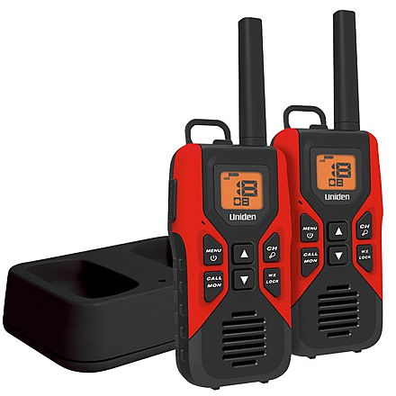 Uniden 30-Mile GMRS/FRS Radio - 2 Radios, Micro USB, Charge Cradle, headset jack, Red/Black GMR3055-2CK