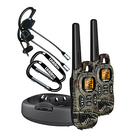 Uniden Two Weather Resistant 37 Mile Range FRS/GMRS Radios w/2 VOX Headsets and 2 Carabiners,Camo GMR3799-2CKHS