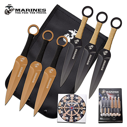USMC 6 Throwing Knife Set, 5.5 in, 3Cr13 Stainless Steel Stainless Steel, Black/Brown, M-T001-6CS