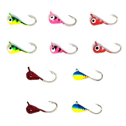 Vexan 10-Pack Tungsten Ice Fishing Jigs, Green/Pink/Red/Yellow/Blue Glow & Multi-Colored, 1.4g, 5mm, GLOWMC8HK