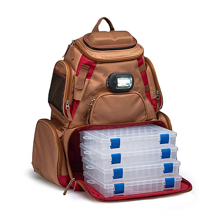 Vexan Backpack Tackle Box w/LED Light, Tan/Burgundy, Large, VI-BP-TR