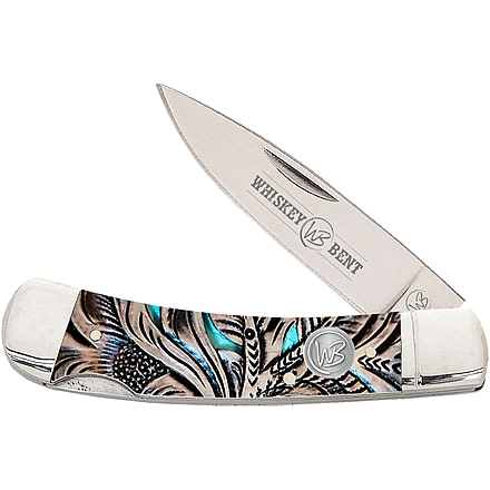 Whiskey Bent Knives Lock Blade Folding Knife, Single Clip Point, 440 Steel Blade, 3.75in Closed Length, Acrylic Handle, Floral Turquoise, WB13-05
