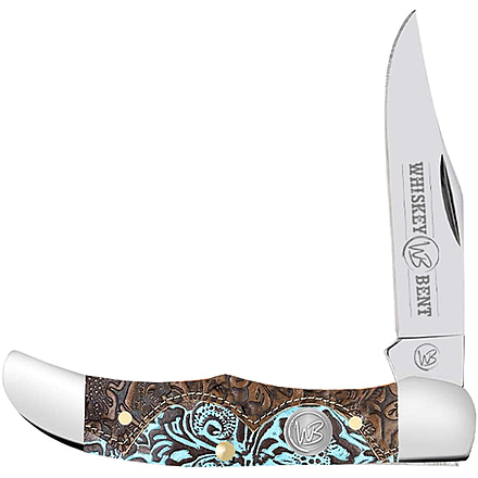 Whiskey Bent Knives Mini Hunter Folding Knife, Single Clip, 440 Steel Blade, 2.75in Closed Length, Acrylic Handle, Tooled Country, WB14-38