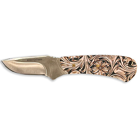 Whiskey Bent Knives Mini Skinner Fixed Knife, 440 Steel Blade, 6.87in Overall Length, Acrylic Handle, Tooled Leather, WB44-06