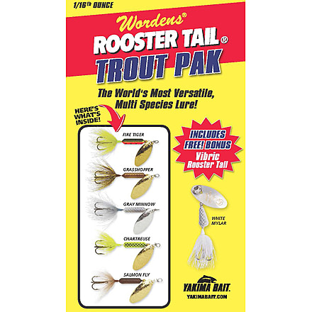 Wordens Rooster Tail Box Kit, Assort 6 pack 1/16 OZ, FRT WHCD, RBOW, BL, YLCD, Contains 1 free Vibric Rooster Tail WHMY, RTBX.206-S781