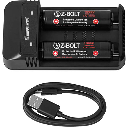 Z-Bolt Rechargeable 18650 Batteries &amp; 2x Slot Chargers for High Discharge Flashlights, Weapon Lights, &amp; Illuminators, BATTS-2x-18650-CHRG