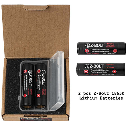 Z-Bolt Rechargeable 18650 Batteries for High Discharge Flashlights, Weapon Lights &amp; Illuminators, 2 Pack, BATTS-2x-18650