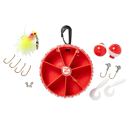 Zebco Crappie/Panfish Fishing Tackle Dial Pack, 15 Pieces, Hooks, Sinkers, Bobbers, Jig Heads, Grubs, Marabou Jig, Rotating Carabiner, Rotating Locking Clear Plastic Lid, Red, ZCPDIALPACK.CP4