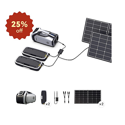 Zero BreezeR Mark 2 Combo 2 Batteries &amp; Solar Panels*2, cooling-off-grid-solar-supply-bundle