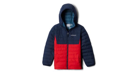 Columbia Powder Lite Boys Hooded Jacket - Boy's, Mountain Red, Collegiate Navy, Medium, 1802903613-M