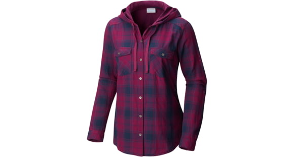 Columbia Times Two Hooded Long Sleeve Shirt - Women's-Dark Raspberry Boyfriend Plaid-X-Large