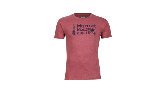 Marmot 74 Short Sleeve Men's Tee, Burgundy Heather, Extra Large, 59540-6823-XL