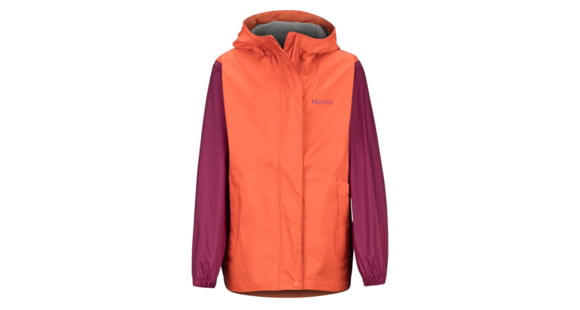 Marmot Girl's PreCip Eco Jacket - Kids, Nasturtium/Purple Berry, Medium, 41010-Nasturt/PurpB-M-DEMO
