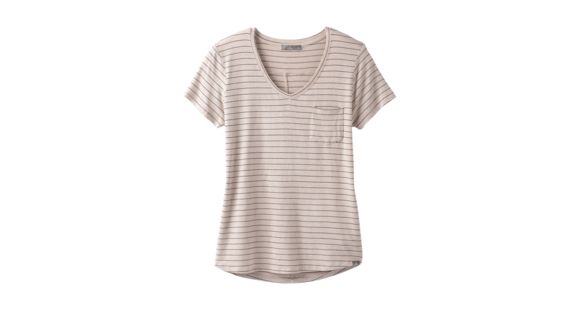 prAna Foundation Short Sleeve V-neck - Women's, Pebble Grey Heather Stripe, Large, W11170142 -064-L