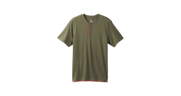 prAna Garrity Short Sleeve Henley Mens, Cargo Green Heather, Medium, M11181406-CGHT-M