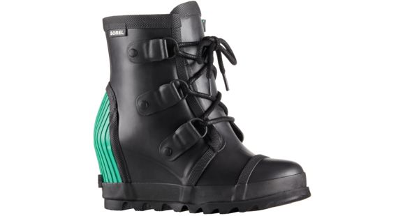 Sorel Joan Rain Wedge Rubber Boot - Women's-Black/Bright Emerald-Medium-10.5