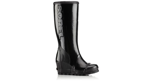 Sorel Joan Rain Wedge Tall Gloss Rubber Boot, Women's, Black/Sea Salt, 12 US, 1757591010-12