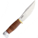Marbles 100th Anniversary Woodcraft Knife, 8.38in Overall, 4.5in Satin SS Blade, Stacked Leather Handle, Brass Guard, Woodcraft Blade Etch, Brown Leather Sheath, MR423E