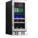 NewAir 15in Premium Built-in Dual Zonen Wine/Beverage Fridge, Black/Stainless Steel, 9 Bottles and 48 Cans, NWB057SS00