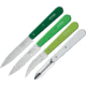 Opinel 4pc Kitchen Knife Set, white 2.5in peeler, light green 3in vegetable knife, green 4in serrated utility knife, and dark green 4in paring knife OP01709