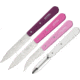 Opinel 4pc Kitchen Knife Set, white 2.5in peeler, light pink 3in vegetable knife, pink 4in serrated utility knife, and pink/purple 4in paring knife OP01736